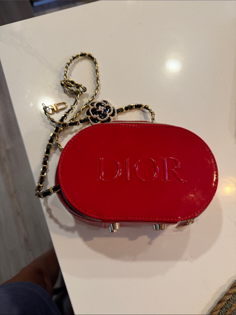Dior Glossy Red Patent Oval Cosmetic Case with Embossed Logo